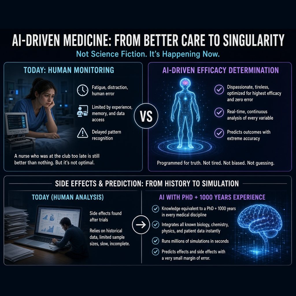 Infographic: AI-driven medicine, from human monitoring to AI analysis, simulation of side effects and accelerating science cycles