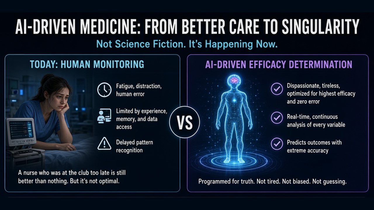 Infographic: AI-driven medicine, from human monitoring to AI analysis, simulation of side effects and accelerating science cycles