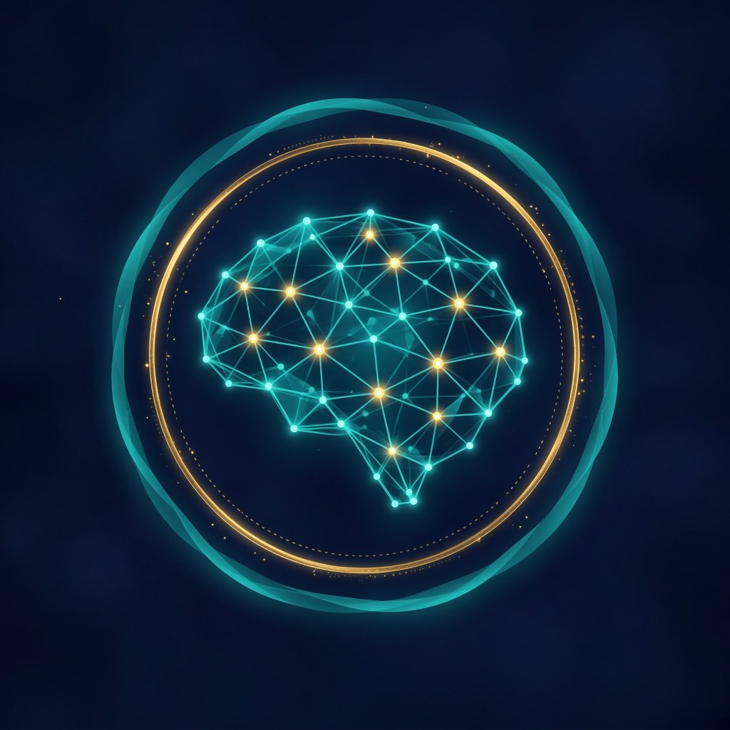 Abstract illustration of a teal neural network shaped like a brain inside gold and teal protective rings on a dark blue background