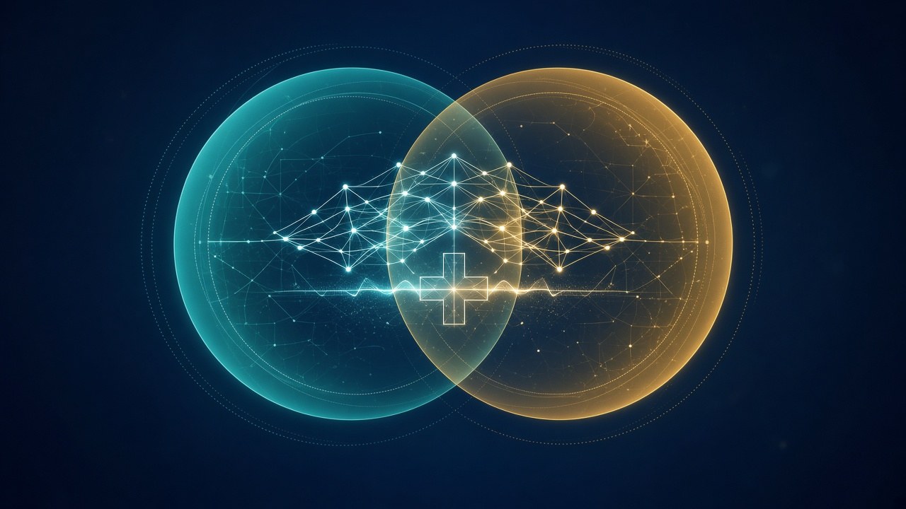 Abstract illustration of two overlapping teal and gold circles joined by a glowing neural network and a medical cross on a dark blue background