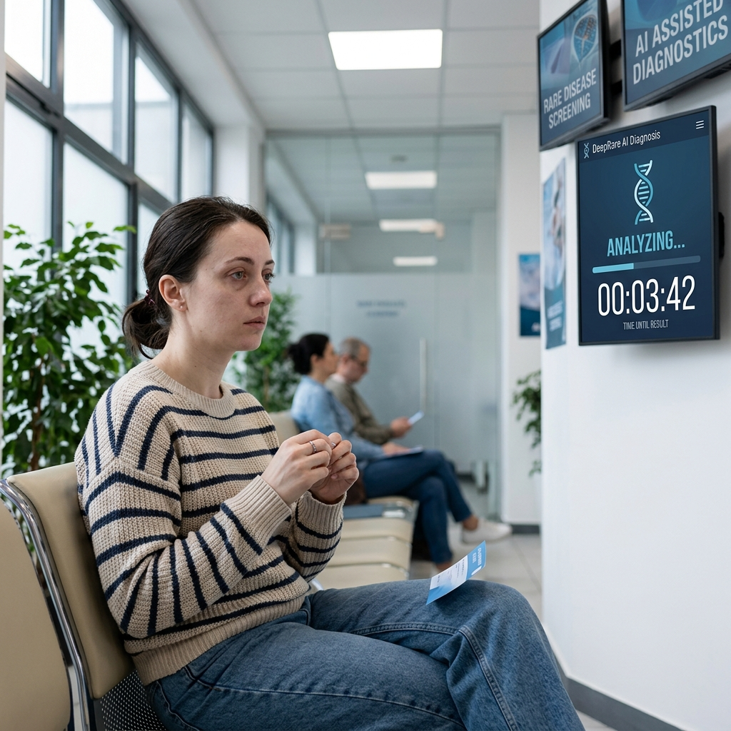 Patient in a hospital waiting room while a DeepRare AI screen analyses rare disease diagnostics