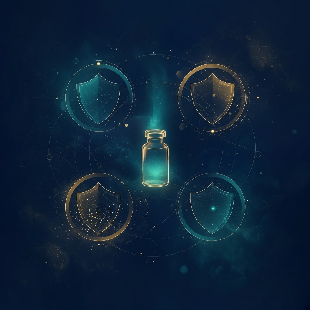 Abstract illustration of a medicine vial surrounded by four teal and gold shields on a dark blue background
