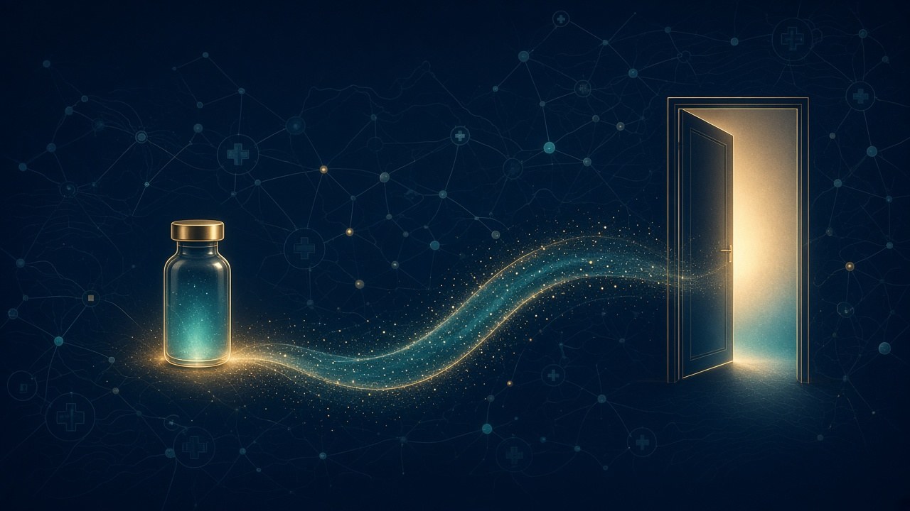 Abstract illustration of a glowing medicine vial sending a stream of teal and gold light towards an open, lit doorway on a dark blue network background