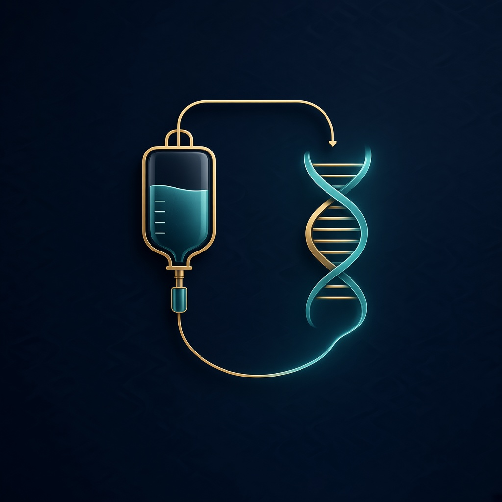 IV infusion line connected to a DNA double helix, symbolising one-time in vivo gene editing
