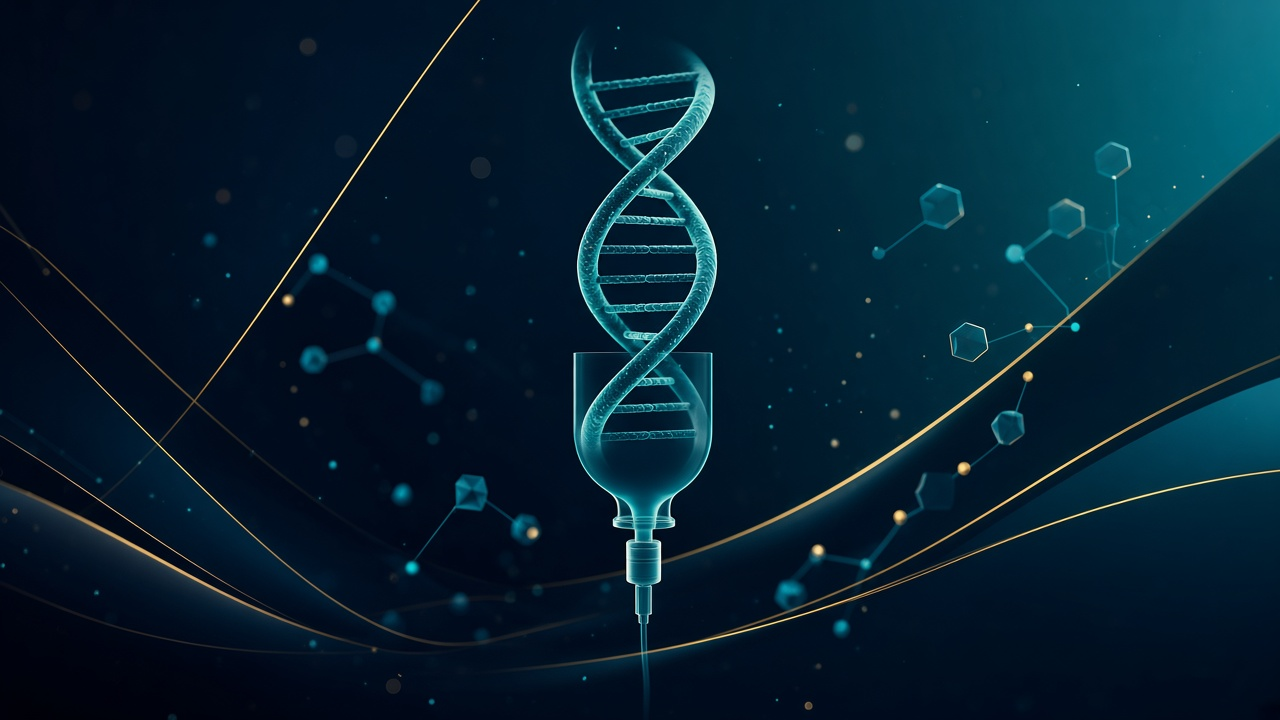 DNA double helix flowing into an IV infusion line, illustrating one-shot in vivo gene editing therapy