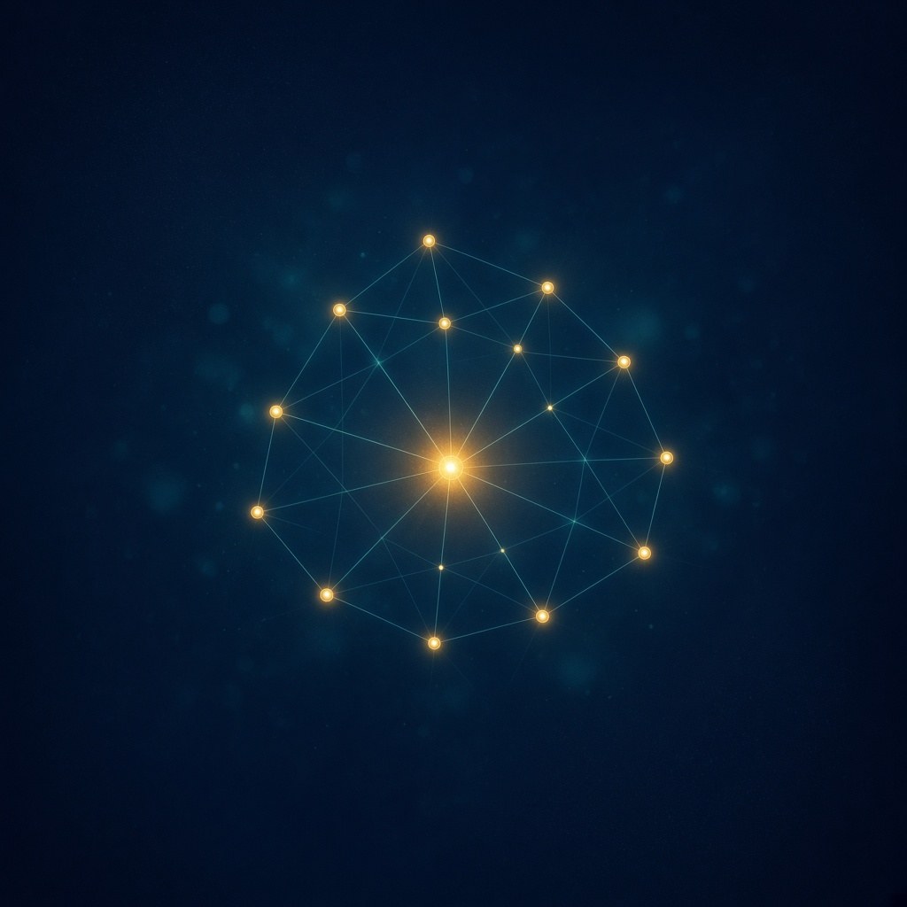 Abstract illustration of a gold and teal network of connected nodes around a bright central point on a dark blue background