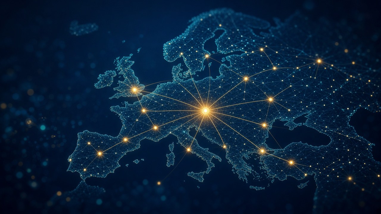 Abstract illustration of a teal network map of Europe with gold points of light converging on a central hub on a dark blue background