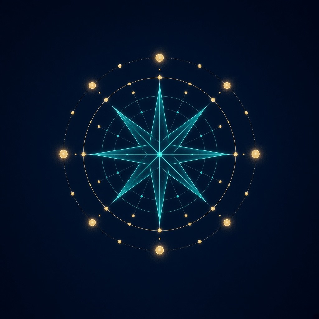 Abstract teal compass rose surrounded by rings of gold nodes on a dark blue background