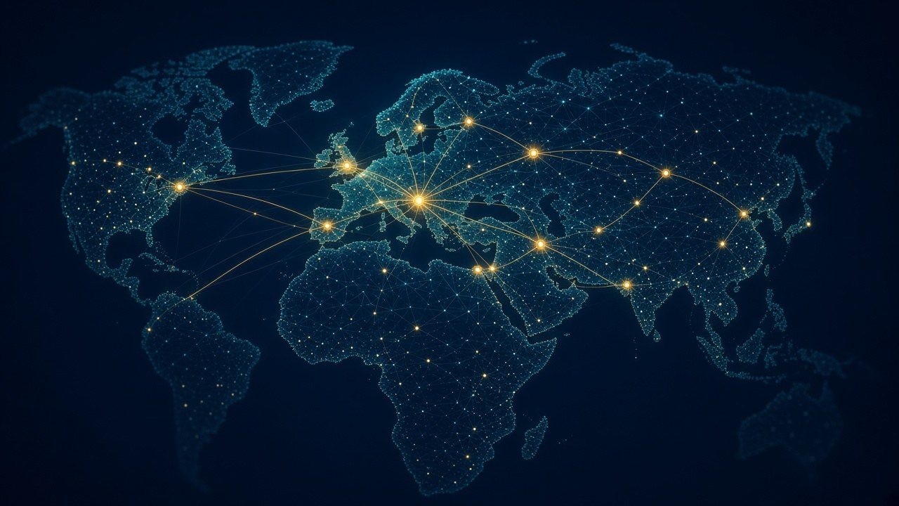 Abstract world map of teal network lines on dark blue, with gold nodes and launch routes branching out from Europe to markets of different sizes