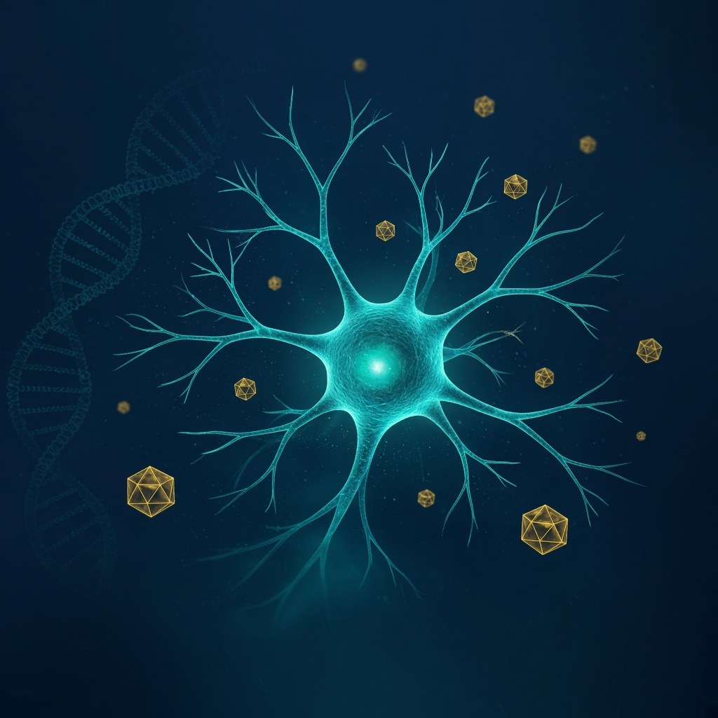 Abstract illustration of a glowing teal neuron surrounded by gold gene therapy vector particles on a dark blue background