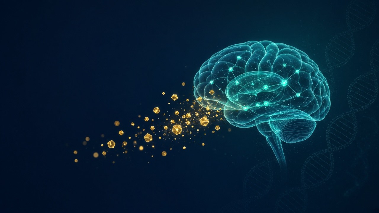 Abstract illustration of a glowing teal brain and neural network with gold gene therapy vector particles on a dark blue background